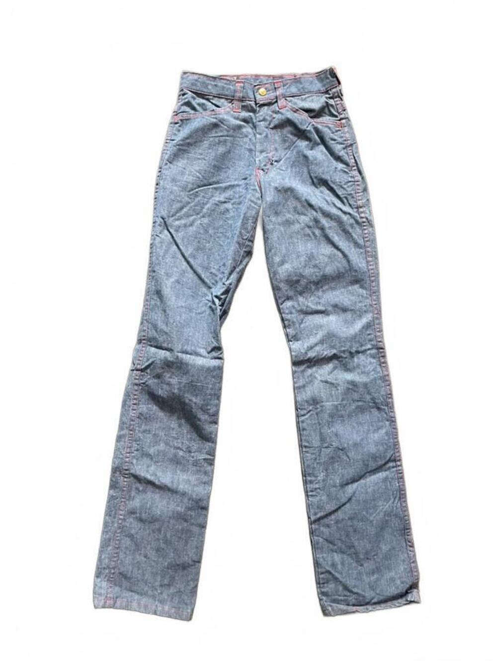 Vintage Blue Denim Jeans with Red Stitching and Brass Button